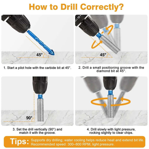 Step-by-step guide using dry diamond drill bit set for glass and tile, 5 piece extended core bits for porcelain ceramic and marble.