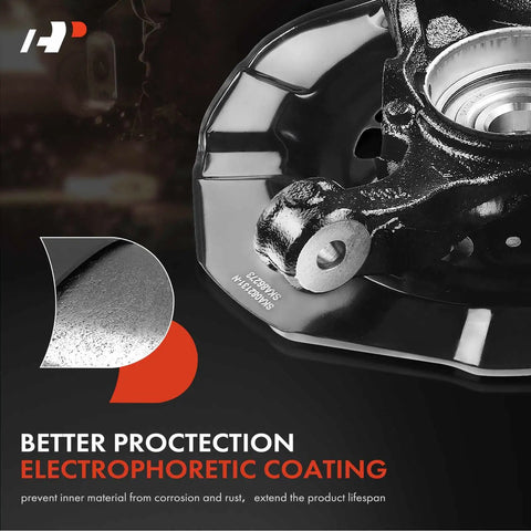 Close-up of front left steering knuckle and wheel bearing hub assembly with electrophoretic coating.