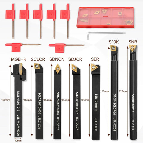 Indexable Lathe Turning Tool Kit With Twenty One Piece Pro Grade Set Featuring Three Eighths Inch And Ten Millimeter Shanks Includes Seven Tool Holders And Fourteen Carbide Turning Inserts For Grooving Threading Boring displayed