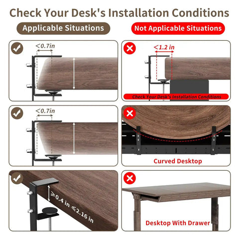 Expandable Under Desk Cable Management Tray Clamp-On installation guide for suitable and unsuitable desk types, featuring illustrations.