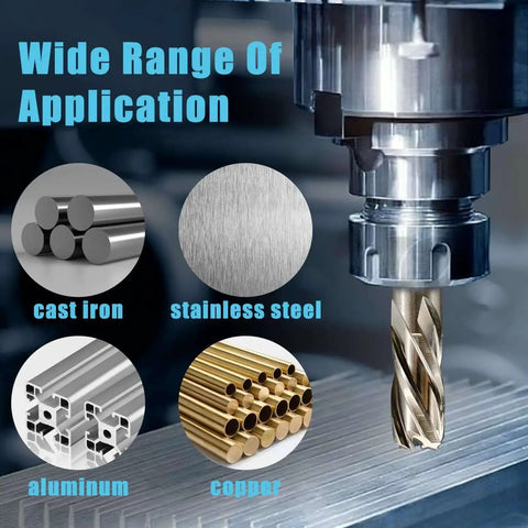 Drill press with cutter in action showing materials like cast iron, stainless steel, aluminum, and copper; wide range of application.
