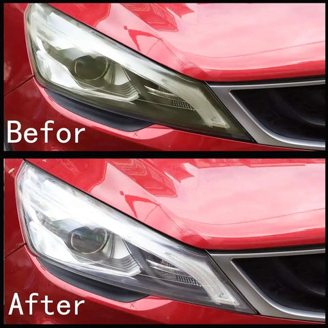 Before and after of car headlight restoration using All In One 3 Inch Sanding Discs Set For Rotary Tools With Headlight Restoration Kit.