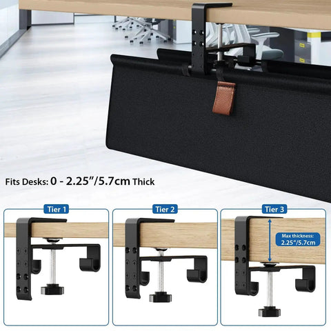 No Drill Under Desk Cable Management Tray 30 Inch Cord Organizer with table clamp, shown installed under office desk