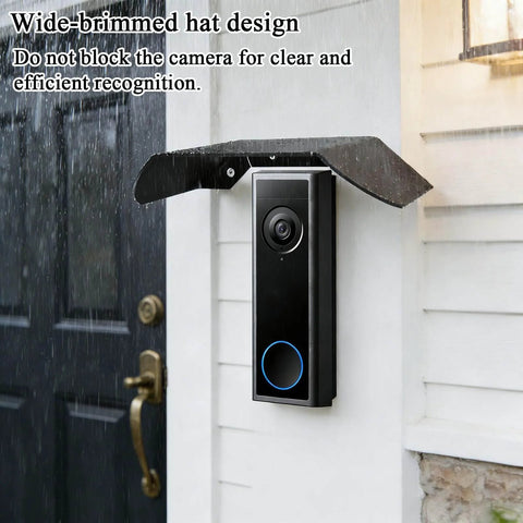 All Weather Stainless Steel Doorbell Rain Cover That Bosses Up Outdoor Protection with Anti Glare Sun Shade installed on a doorframe