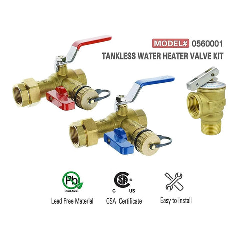 Tankless water heater valve kit with pressure relief valve; brass 3/4-inch IPS isolators and red/blue lever shutoffs.