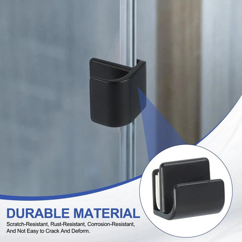 Close-up of black zinc alloy glass door pull handle set on shower glass, part of Fifteen Sixteenth Inch Glass Door Pull Handle Black Zinc Alloy Set Of Two With Screws No Drilling Door Clips For Three To Five Millimeter Shower Glass Cabinets Drawers Displays Ideal For Frameless Showers Glass Cabinets Display Showcases And Furniture.