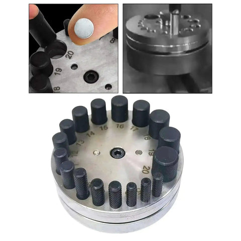 Round Disc Cutter Set For Jewelry Making And Metal Crafting, 17 Die Punch Kit with Hole Puncher showing disc alignment and 4mm to 20mm cuts.
