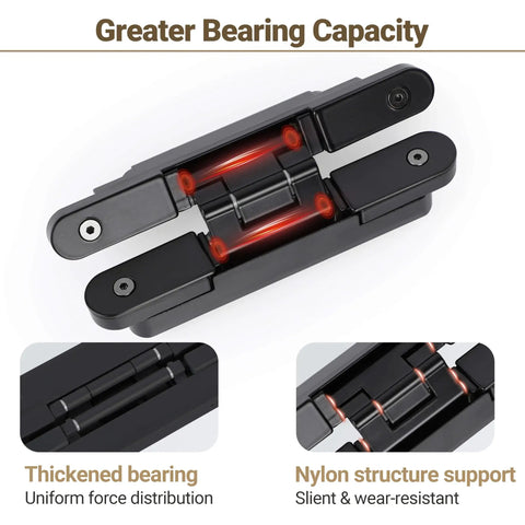 Hidden Door Hinges 2 Pack Black Low Profile Invisible Zinc Alloy Concealed Hinges 6 x 2 x 1.2 Inches 3 Way Adjustable