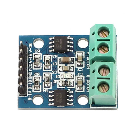 Top view of L9110S H Bridge Motor Driver Module for Arduino, showing pins and connectors on compact blue circuit board.
