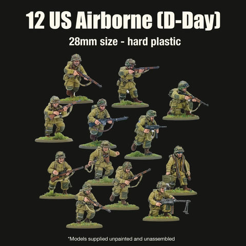 Bolt Action Band of Brothers Starter Set 28mm War Game Bundle With US Airborne figurines positioned in a combat arrangement.