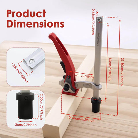 Two Piece Holdfast Dog Hole Clamps Set With Adjustable Range And Multi Angle Ratcheting Table Clamp for Woodworking, dimensions shown