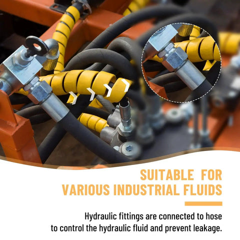 Close-up of hydraulic hose fittings with protective covers connected to equipment, featuring 1/4 inch NPTF male ends.