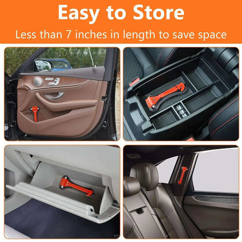 2 In 1 Car Window Breaker Hammer And Seat Belt Cutter Emergency Escape Tool For Auto Safety Two Pack High Carbon Steel Glass Breaker With Sharp Cutter Knife shown stored in car compartments and door pocket