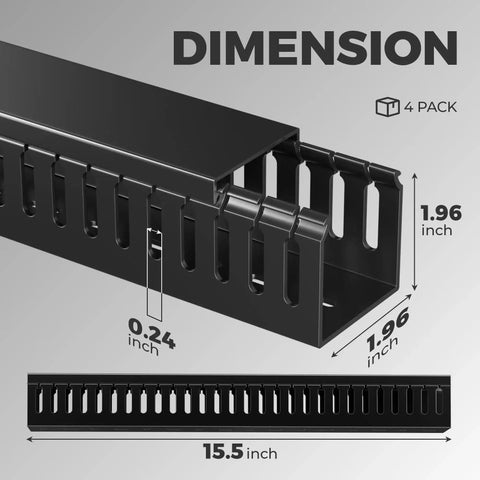 Close-up view of 62.8 Inch Cable Raceway Kit dimensions, showcasing black PVC material and slots for under desk cable management.