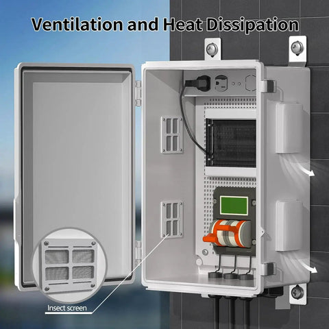 Rugged Outdoor Electrical Enclosure Box With Ventilated Design Waterproof ABS Cabinet Junction Box mounted on wall showing open door and interior components.