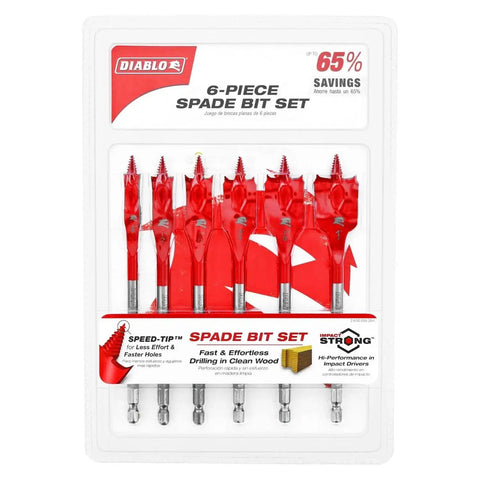 Packaging of Six Piece Spade Bit Set For Wood With Angled Spur Teeth For Clean Holes And Fast Drilling In Cordless And Corded Impact Drivers Diablo DSP2920 S6