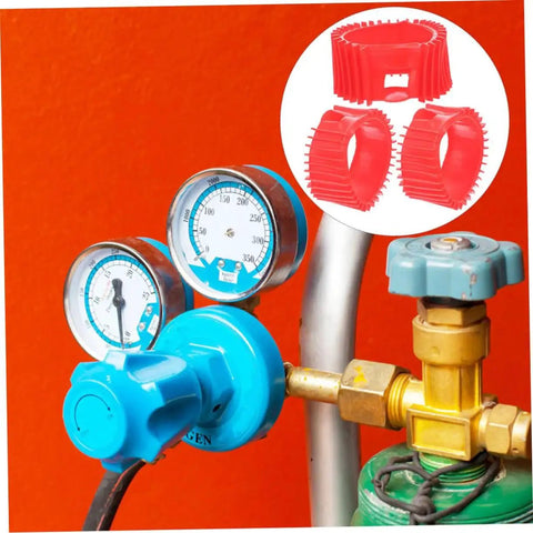 Five red silicone gas gauge protector boots for acetylene regulator gauge; front view with blue knob.