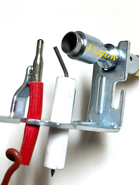 Natural gas pilot assembly close-up with metal bracket, red wire and white insulator for Mr Heater/Heat Star NG heaters