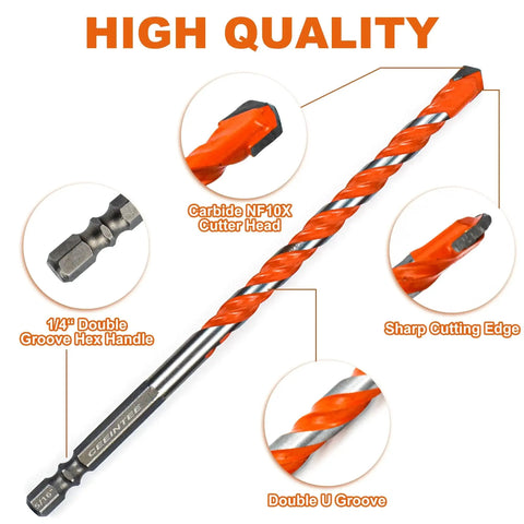 Durable Concrete Drill Bit Set With Carbide Hex Shanks For Masonry And Glass Brick Plastic Cement Tile Includes Twelve Six Inch Bits In Sizes Five Thirty Second Inch Through One Half Inch Ceeintee, showing carbide tip and hex shank.