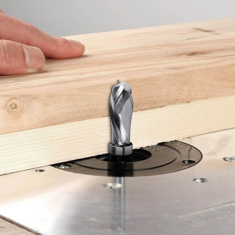 Pro Grade Extra Long Compression Flush Trim Router Bit With One Quarter Inch Shank And One Half Inch Cutting Diameter One And A Quarter Inch Cutting Length Spiral Pattern Template Router Bit For CNC Woodworking Edge Trimming in use on router table trimming wood edge
