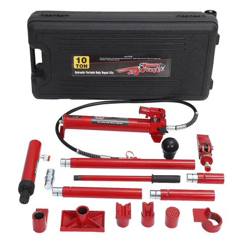 10 Ton Hydraulic Porta Power Kit With Wheeled Case Ram Pump Hose For Automotive, shown with components and storage case
