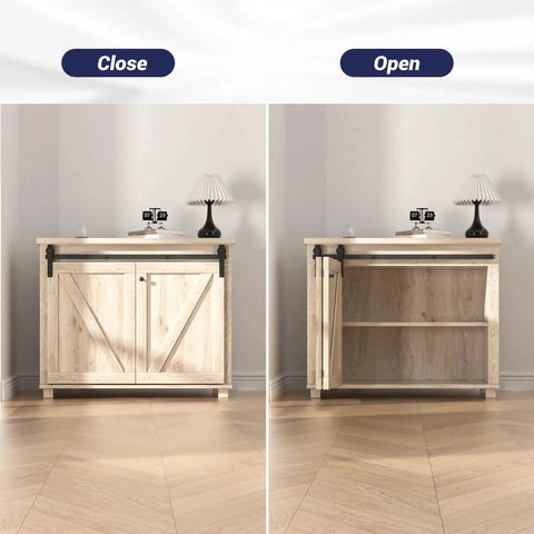 Mini Bifold Barn Door Hardware Kit 48 Inch Sliding Track For Closet And Cabinet installed on a wooden cabinet, open and closed view