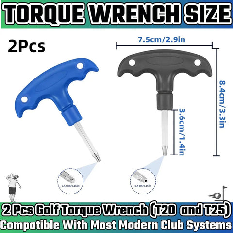 Two golf torque wrenches with T20 and T25 bits, blue and black handles, front view