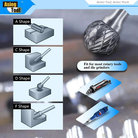 Diagram of 8 Piece Carbide Burr Set With 1 Quarter Inch Shank Double Cut Tungsten Carbide Rotary Files showing different shapes.