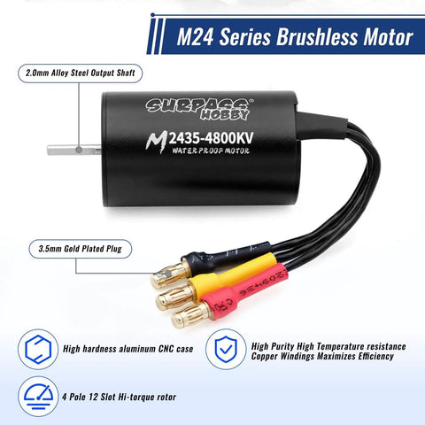 2435 Brushless Motor With 35A Waterproof ESC Combo Sensorless For 1/14 1/16 1/18 RC Cars, 4800KV, CNC Aluminum, Gold-Plated