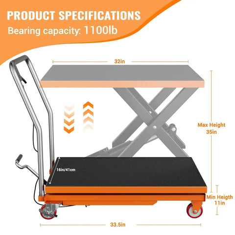 Amazon hydraulic lift table cart, orange, 1100 lb capacity, four wheels, non-slip pad