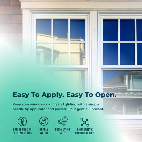 Window with text highlighting lubricant benefits, suitable for moving parts, water-repellent, biosynthetic nanotechnology.