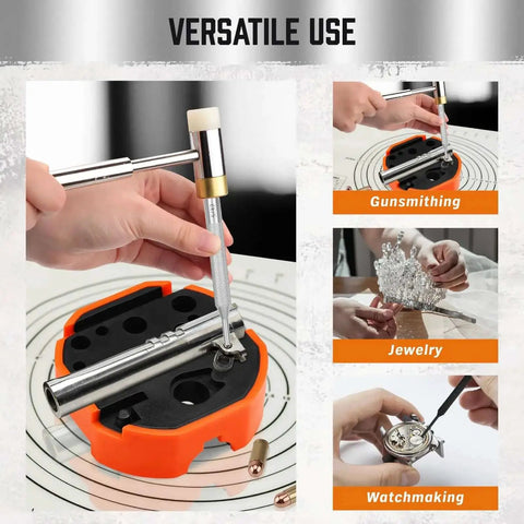Versatile use of 22-Piece Punch and Hammer Set With Interchangeable Hammer Heads for gunsmithing, jewelry, and watchmaking repairs.
