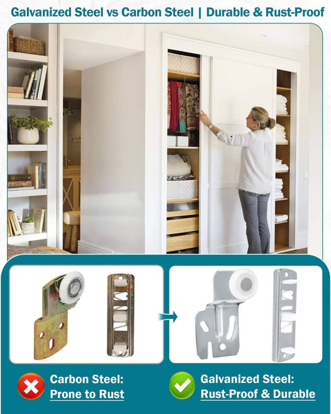 Sliding Closet Door Roller Kit With Track For Top Hung Doors Replacement Set Includes Front And Rear Nylon Wheels No Squeak Quiet Smooth Sliding Easy Peasy Install Durable Zinc Alloy Hardware 5 Piece Package With Screws displayed with door installation in a living room.