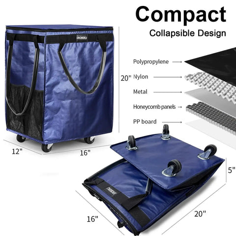 Navy Medium Reusable Grocery Bag On Wheels With 70L Foldable Rolling Tote Carries Up To 66 Lbs, Zipper Closure Shopping Cart shown folded and upright
