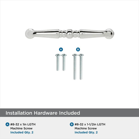 3 Inch Center To Center Polished Chrome Everyday Heritage Cabinet Pull with mounting screws displayed