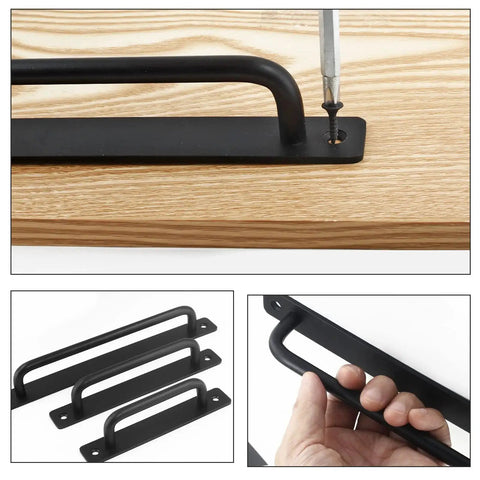 2 Pack Barn Door Pulls 5 Inch Long Base Handles with Mounting Screws, Aluminum Alloy, installation and close-up view.