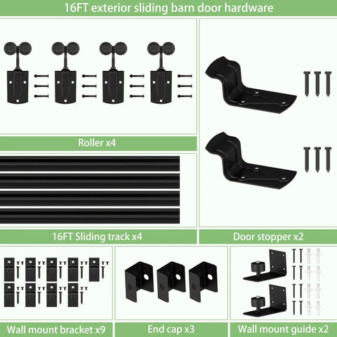 16 Ft Black Box Rail Exterior Barn Door Hardware Track Kit For Two Doors Built Tough With 500 Lb Weight Capacity, Weatherproof Wall Mount Sliding Door System, Includes 9 Track Brackets For Outdoor Use
