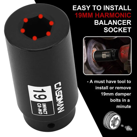 1/2 Inch Drive 19mm Crank Bolt Socket For Honda Harmonic Balancer, CR-MO Impact Socket With 3X Momentum Power, front and installed view