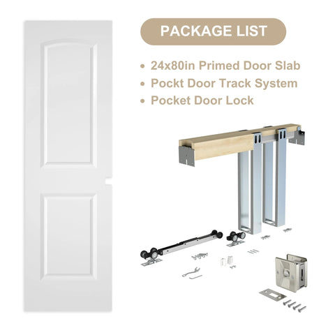 Smooth Sliding Pocket Door Kit 24x80 With Raised 2 Panel Arch Top White Primed Door Slab Includes Track Hardware Frame Kit And Privacy Latch Soft Close Mechanism Durable And Quiet Interior Door Upgrade For DIY Home Projects package contents