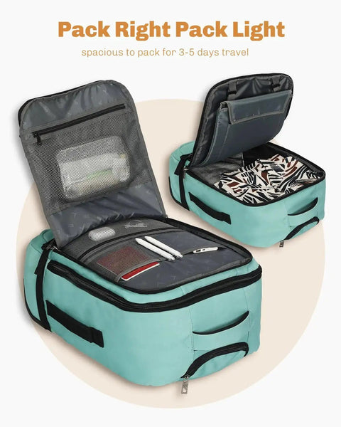Rolling Backpack 42L With Wheels Airline Approved Carry On Luggage Laptop Travel Bag Mint Green open view showing compartments