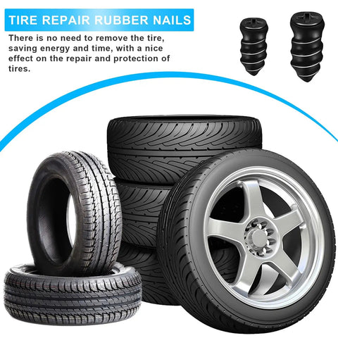 60 Piece Tire Repair Nails Kit With Rubber Plugs For Quick Puncture Fixes DIY Self Service Vacuum Tire Repair Tools For Auto Motorcycle Car Truck Tractor NQEUEPN displayed with stacked tires and rubber plugs.