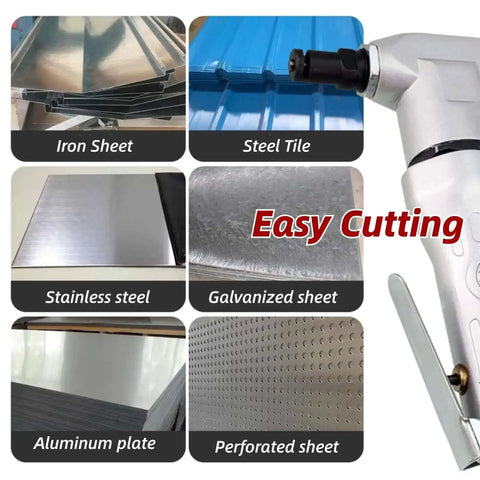 Beefy Pneumatic Sheet Metal Cutter Handheld Air Nibbler cuts iron, steel, stainless steel, and more with ease, showcasing cutting versatility.