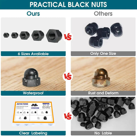 Comparison of Big Ol 160Pcs Nylon Acorn Nut Set Kit Black Dome Nuts with different sizes against single size rusted metal nuts.