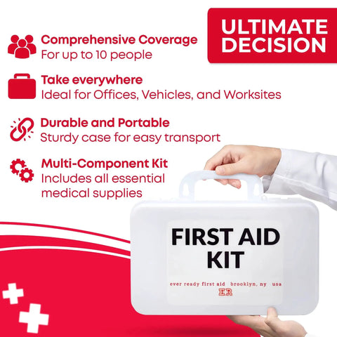 Front view of 10 Person First Aid Kit With OSHA And ANSI Class A Compliance, showing durable carry handle and essential features list
