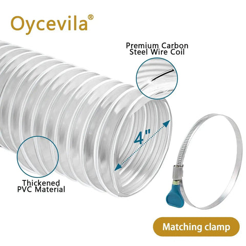 Heavy Duty 4 Inch By 20 Foot Flexible Clear PVC Dust Collection Hose With Carbon Steel Wire Coil, clamp visible