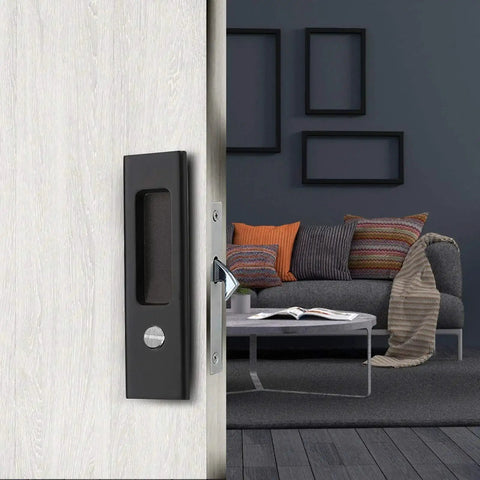 Matte Black Sliding Door Handle For Bath And Barn Doors, Zinc Alloy Flush Handle With Privacy Pocket Door Lock, installed on white door