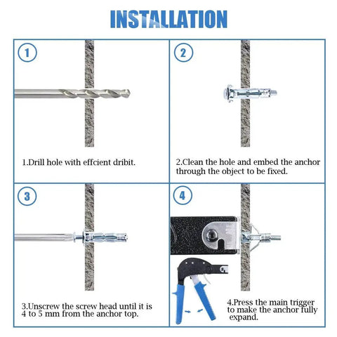 Installation of Heavy Duty Zinc Plated Steel Molly Bolt Wall Anchors Assortment Kit 80Pcs for Drywall Plaster and Tile in 4 steps