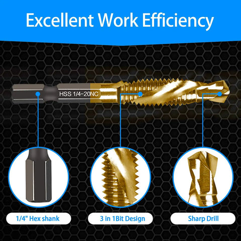 Six Piece Combination Drill Tap Bit Set SAE One Quarter Twenty NC Thread Size Titanium Coated High Speed Steel with 1/4 Inch Hex Shank