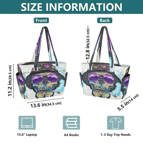 Women Tote Bag With Zipper, Lightweight Diamond Quilted Polyester, All Over Print, Front and Back View with Size Information