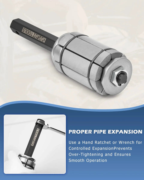 Close-up view of Exhaust Pipe Expander Tool Set 3 Pcs 1-1/8 To 3-1/2 Universal Tail Pipe Spreader with handle and instructions